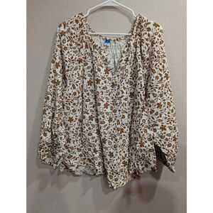 Peasant type tan floral print 100% cotton long sleeve Henley neckline blouse 2X